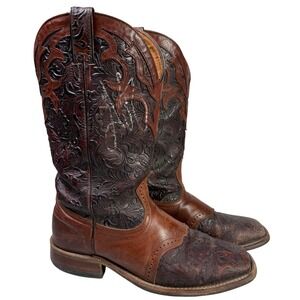 Boulet Western Cowboy Boots Women Size 10 Brown Leather Embossed Square Toe